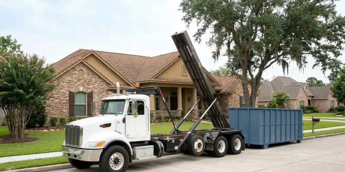 Roll-off dumpster on a Pearland Texas driveway during a residential storm cleanup project