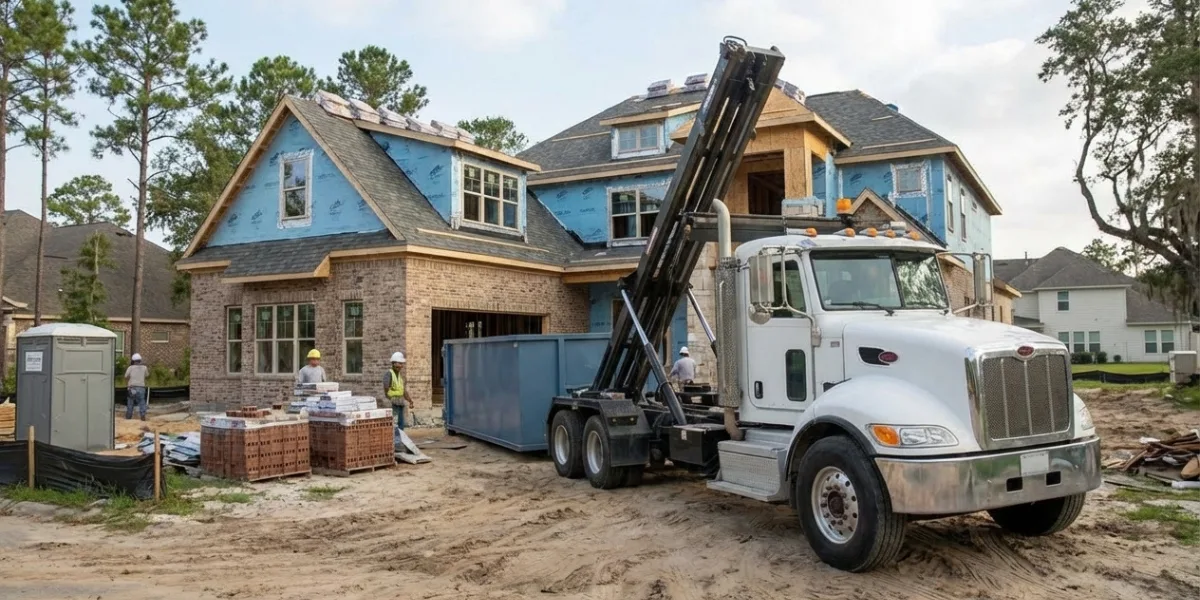 Yard waste roll-off dumpster on a Houston driveway during a backyard tree-and-brush cleanup