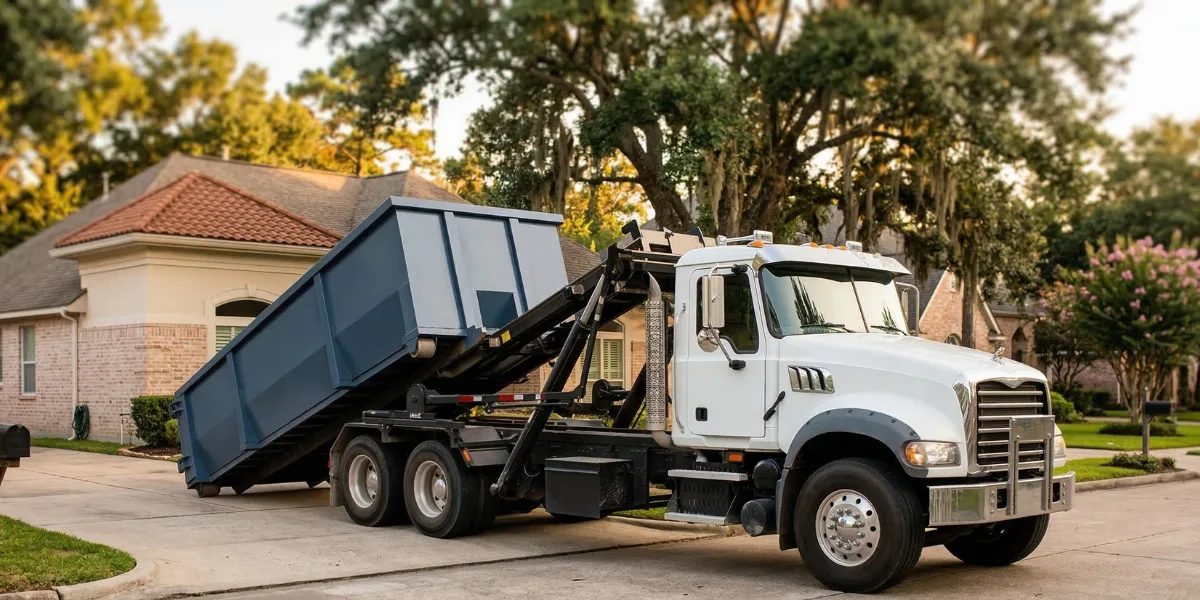 Roll-off dumpster on a Clear Lake Texas driveway during a residential coastal cleanup project